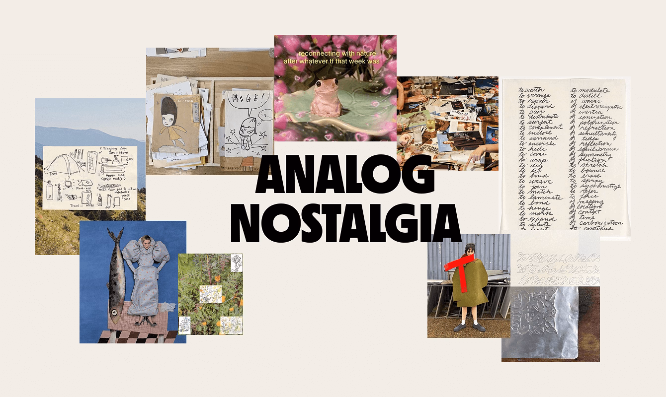 Collage “Analog Nostalgia” con dibujos, archivos, escritura manual y texturas físicas que evocan memoria y proceso.