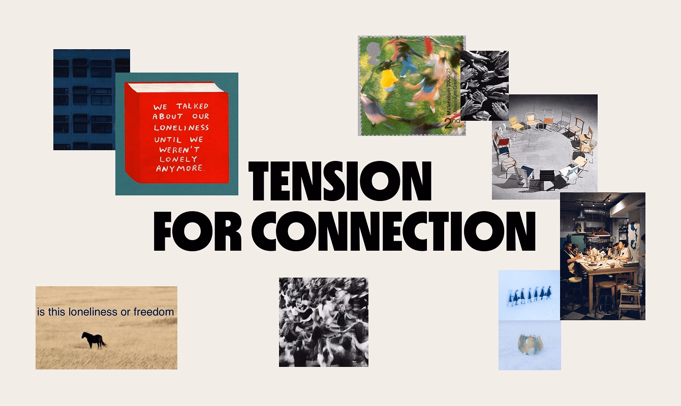 Collage “Tension for Connection” con sillas en círculo, mesas compartidas, manos entrelazadas y escenas de encuentro y soledad.